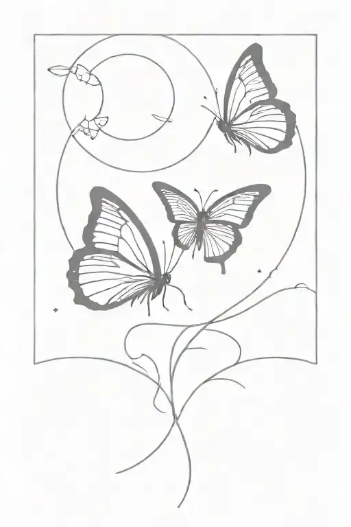 a half moon, Below the moon, draw two butterflies, one on each side, they are facing each other in opposite directions tattoo design idea