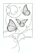 a half moon, Below the moon, draw two butterflies, one on each side, they are facing each other in opposite directions tattoo design idea