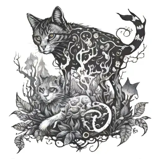 A tattoo design of a cat and a dog hiking through a mystical forest filled with animal skulls and death motifs tattoo design idea