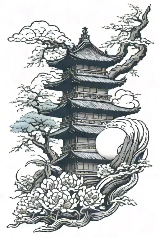 Japanese sleeve tattoo with red Sun, cloud /wind, Pagoda, Mt Fuji , Sakura tree and Blossom, geisha (optional) ,Oni Mask tattoo design idea