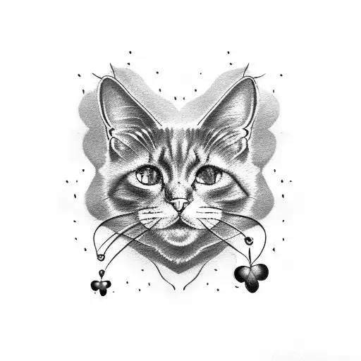 black cat with green eyes and four leaf clover necklace on his neck tattoo design idea