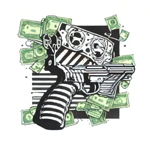 A gun wrapped in Freddy Krueger's striped sweater pattern, surrounded by floating money symbols tattoo design idea