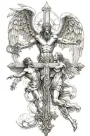 cross and angels fighting demons tattoo design idea