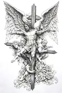 cross and angels fighting demons tattoo design idea