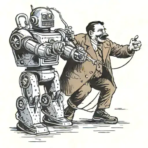a man with a mustache struggles against an iron robot that has jumped on top of him. tattoo design idea