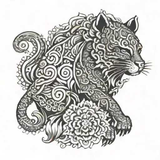 A tattoo design featuring intricate patterns inspired by traditional Thai clothing designs, incorporating elements of nature and animals tattoo design idea
