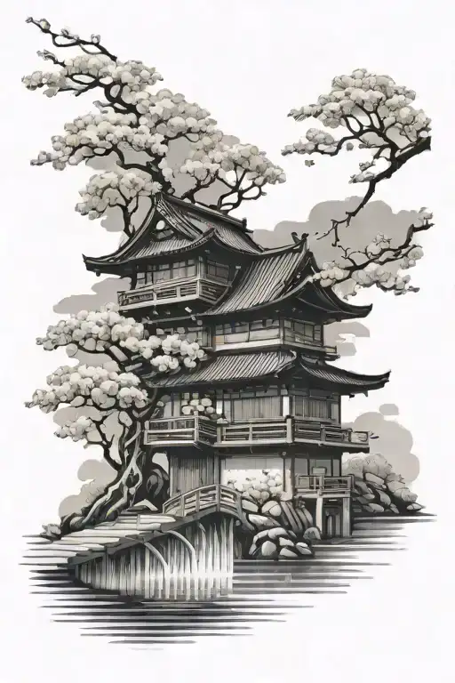 Japanese house with Cherry Blossom and bridge over water tattoo design idea