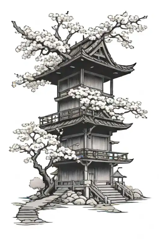Japanese house with Cherry Blossom and bridge tattoo design idea