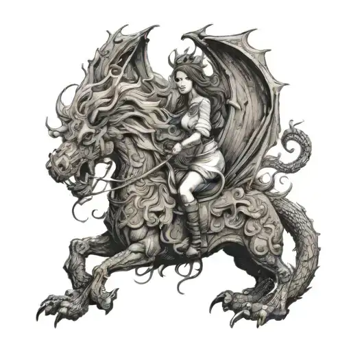 A maiden with flowing hair, representing the Virgo constellation, rides majestically on the back of a powerful dragon tattoo design idea