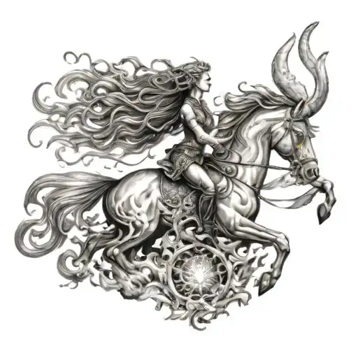 A maiden with flowing hair, representing the Virgo constellation, rides majestically on the back of a powerful fire drag tattoo design idea