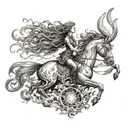 A maiden with flowing hair, representing the Virgo constellation, rides majestically on the back of a powerful fire drag tattoo design idea