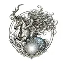 A maiden with flowing hair, representing the Virgo constellation, rides majestically on the back of a powerful fire drag tattoo design idea