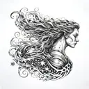 A maiden with flowing hair, representing the Virgo constellation, rides majestically on the back of a powerful fire drag tattoo design idea