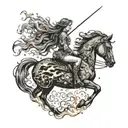 A maiden with flowing hair, representing the Virgo constellation, rides majestically on the back of a powerful fire drag tattoo design idea