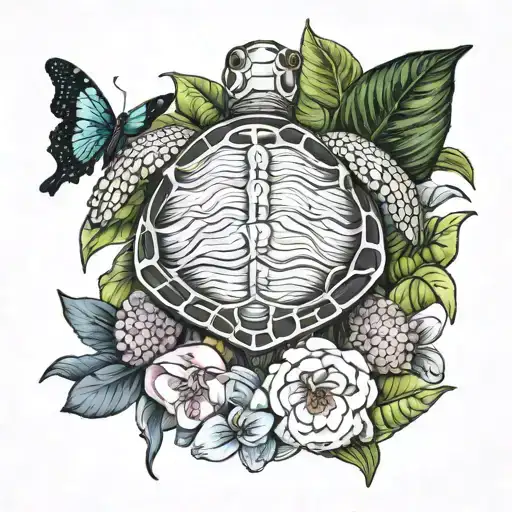 the names Shane, Matthew, Alexander and Nicholaus incorporated withinan Orchid surrounding a turtle  tattoo design idea