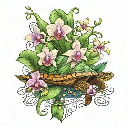 Orchid surrounding a turtle with the names Shane, Matthew, Alexander and Nicholaus as vines tattoo design idea