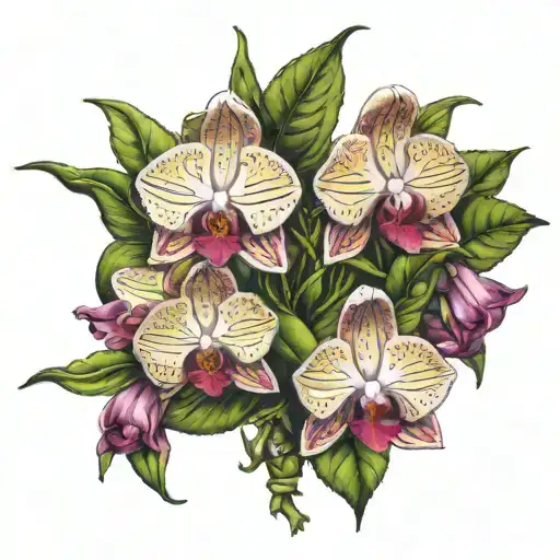 the names Shane, Matthew, Alexander and Nicholaus as vines incorporated withinan Orchid  tattoo design idea