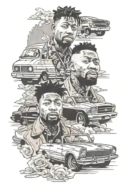 21 savage with 50 cent in a car driving tattoo design idea