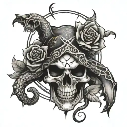 demon skull snake roses upside down cross pentagram tattoo design idea