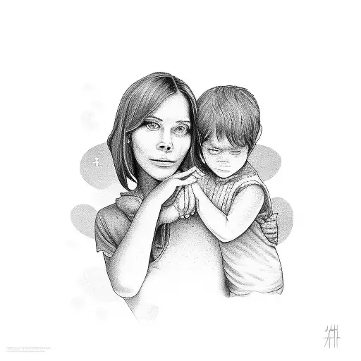A portrait of a mother and child holding hands, with their names written in elegant script tattoo design idea