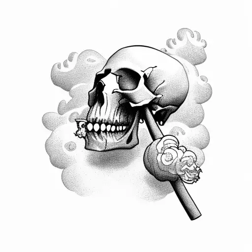 skull smoking blunt blows clouds of smoke in the shape of chinese clouds tattoo design idea