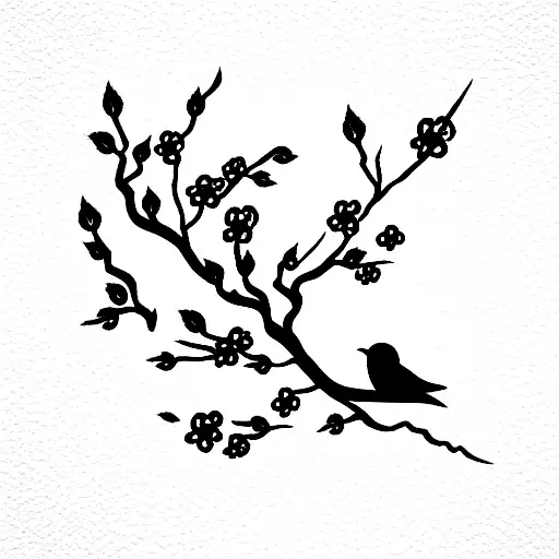 a cherry blossom tree on fire with a little bird on a branch tattoo design idea