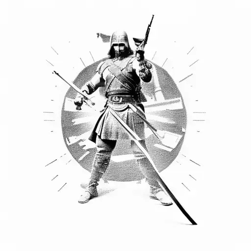 Warrior holding a gun, with battlefield scenes in the background tattoo design idea