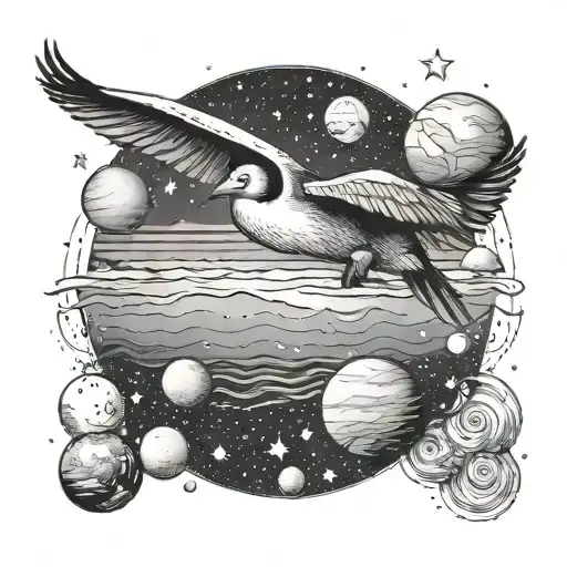 A pelican flying through a space-themed beach scene with planets and stars in the sky tattoo design idea
