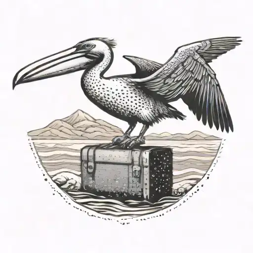 A pelican carrying a suitcase flying over a beach with whale tails in the background tattoo design idea