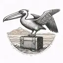A pelican carrying a suitcase flying over a beach with whale tails in the background tattoo design idea