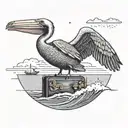 A pelican carrying a suitcase flying over a beach with whale tails in the background tattoo design idea