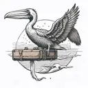 A pelican carrying a suitcase flying over a beach with whale tails in the background tattoo design idea