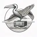 A pelican carrying a suitcase flying over a beach with whale tails in the background tattoo design idea