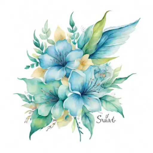 3 flowers with the names Skarlett Isabelle and mommy as the stems wrapped with angel wings  tattoo design idea
