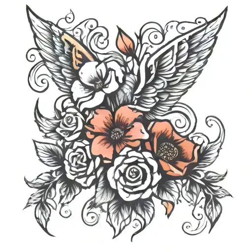 3 flowers with the names Skarlett Isabelle and mommy as the stems surrounded by angel wings  tattoo design idea