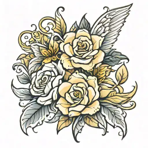 3 flowers with the names Skarlett Isabelle and mommy as the stems wrapped with angel wings  tattoo design idea