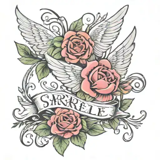 3 flowers with the names Skarlett Isabelle and mommy wrapped with angel wings  tattoo design idea