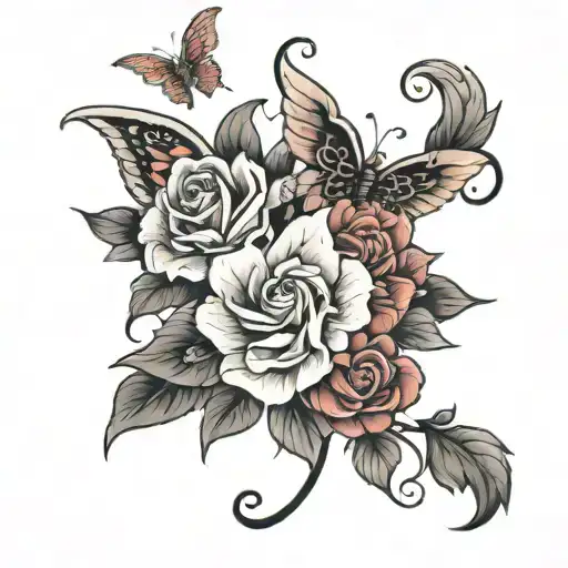 3 flowers with the names Skarlett Isabelle and mommy wrapped with wings  tattoo design idea