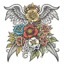 3 flowers with the names Skarlett Isabelle and mommy as the stems surrounded by angel wings  tattoo design idea