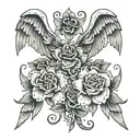 3 flowers with the names Skarlett Isabelle and mommy as the stems surrounded by angel wings  tattoo design idea