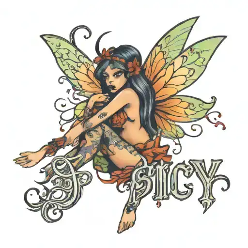 a fairy showing on a word "spicy" written underneath tattoo design idea