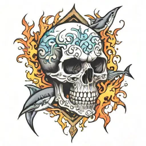 a skull, sharks, and flames tattoo design idea
