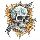 a skull, sharks, and flames tattoo design idea