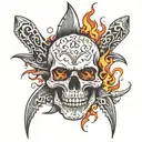 a skull, sharks, and flames tattoo design idea