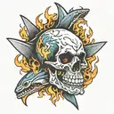 a skull, sharks, and flames tattoo design idea