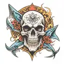 a skull, sharks, and flames tattoo design idea
