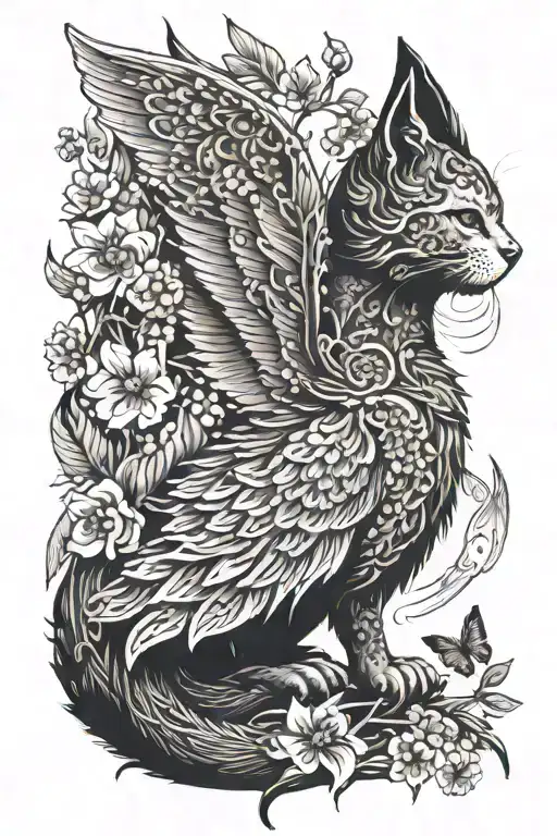 cat with wings resembling a phoenix on a sakura tree tattoo design idea