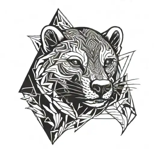 honey badger face with flames and leaves in a geometric shape tattoo design idea