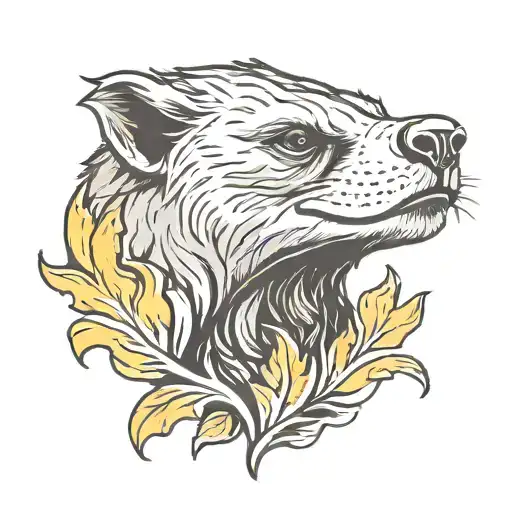 honey badger face with flames and leaves  tattoo design idea