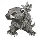 honey badger face with flames and leaves intertwined tattoo design idea